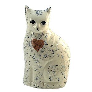 Katy's "Country  Charm"  Ceramic Blue Spongeware Sitting Cat W/ Heart 10x6x3